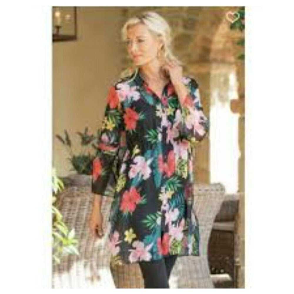 Soft Surroundings Tropical Moonlight Tunic Cami Top Shirt Black Floral Sheer‎ PS